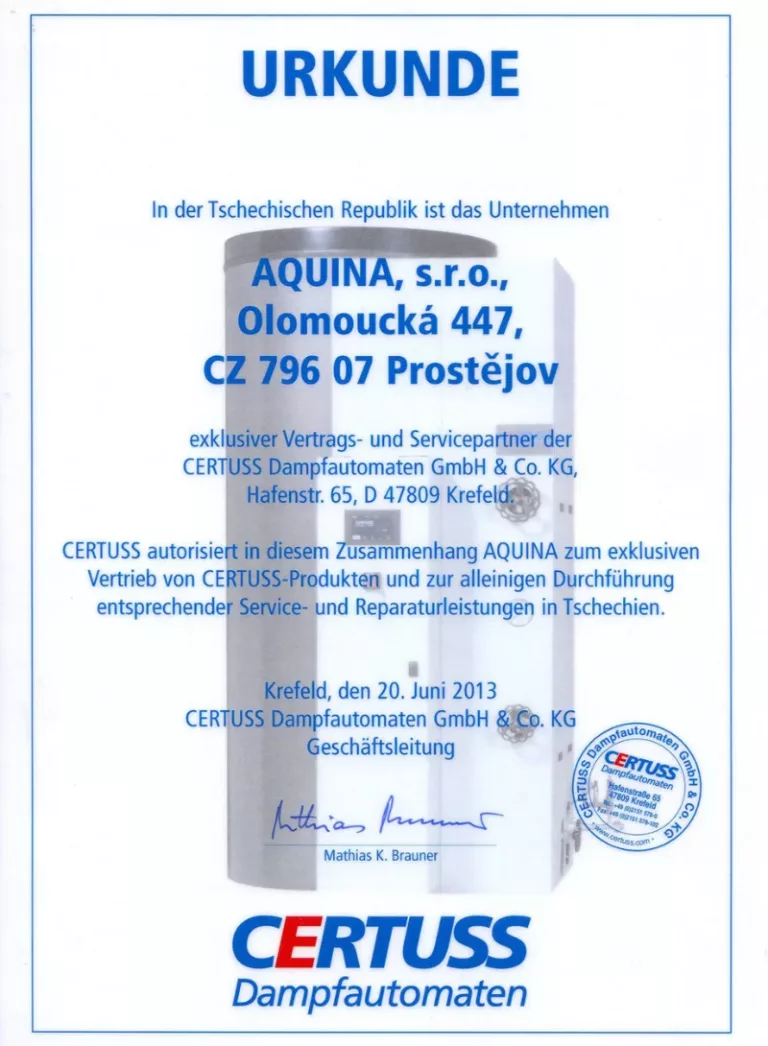 Certifikát zastoupení výrobce CERTUSS
